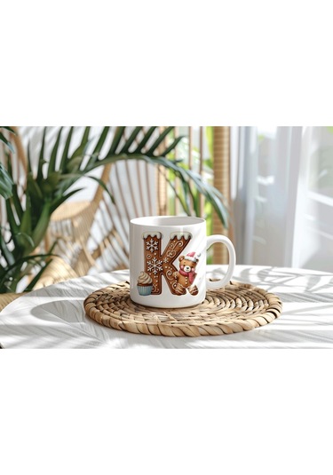 K Kurabiye Harf Ve Ayıcık Detaylı Kupa Bardak - Yeni Yıl / Yılbaşı Temalı Tasarım - Noel Hediye Beyaz