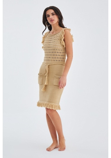 Peraluna Mıyokı Dress %100 Pamuk Diz Hizası Yazlık Kadın Triko El Bej