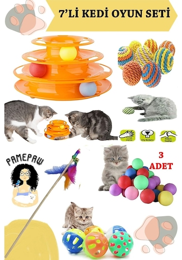 7'li Set : 3 Katlı Kedi Oyuncağı , Sarma Top , Olta , 3'lü Mini Top , Çıngıraklı Top
