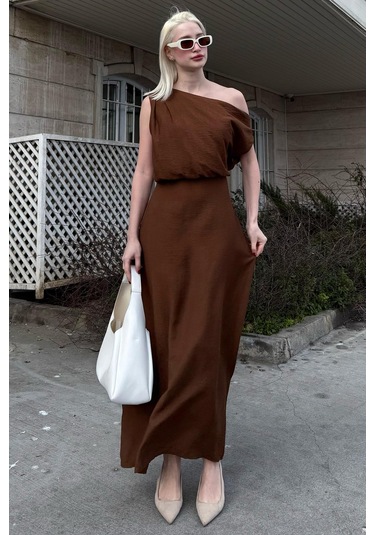 Madmext Madmext Kahverengi Düşük Omuz Elbise Mg2349 Kahverengi