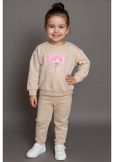 Kız Çocuk %100 Pamuk Gül Baskılı Eşofman Takımı Bej