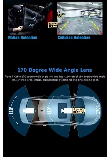 Araç İçi Wi-fi Güvenli Sürüş Kamerası Ön İç Arka 3 Kameralı G-sensör Mobil Uygulama İle Kolay İzleme
