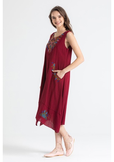 Kolsuz Şile Bezi Antik Nakışlı Midi Boy Elbise Bordo Brd-bordo Bordo