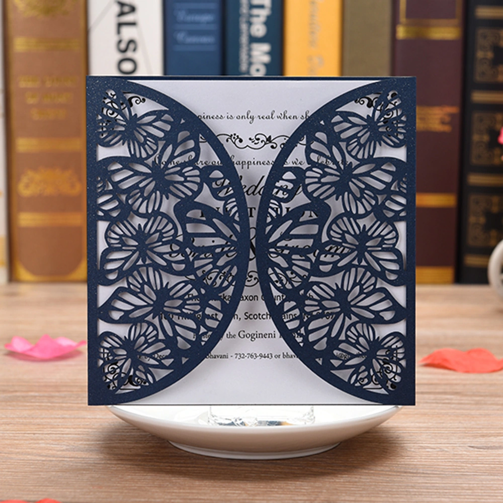 Dianziye 10'lu Deniz Mavisi Davetiye Seti - Zırhlı Kapak + İç Kart, Gelinlik-düğün-doğum Günü, Nakışlı Desenli, İnci Kağıt, Özel Etkili Davetler