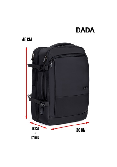 Körüklü Laptop Sırt ve Seyahat Çantası 15,6 İnç 40 Litre Usb Su Geçirmez Kumaş Siyah Dada 12