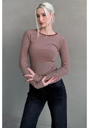 Kahverengi Çizgili Uzun Kollu Kadın Body Mg2657 Kahverengi