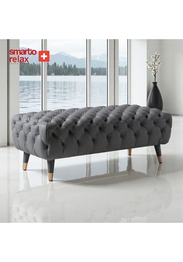 Smarto Relax Puf Adelboden Ahşap Ayaklı Kapitoneli 110x45x40 Cm Gri Gri