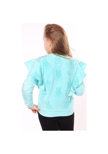 Kız Çocuk Regular Fit Bisiklet Yaka Fırfırlı Baskılı Sweatshirt - 2 İplik Su Yeşili