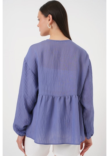 Kadın Önü Bağcıklı Uzun Kol Bluz 946 - İndigo Indigo