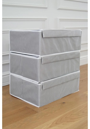 3 Adet Çok Amaçlı Kapaklı Düzenleyici Kutu Baza Hurç 50x40x19 Cm Gri-beyaz