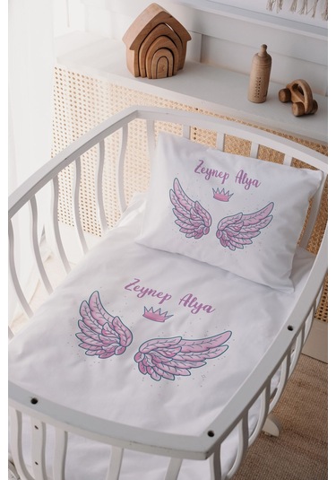 %100 Pamuk Saten Isme Özel Isimli Anne Yanı Beşik Nevresim Takımı Kanat