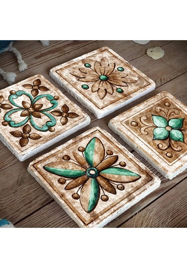 Baskılı Doğaltaş Bardak Altlığı 4'lü Set - Hint Desenli Doğal Taş Bardak Altı Çok Renkli