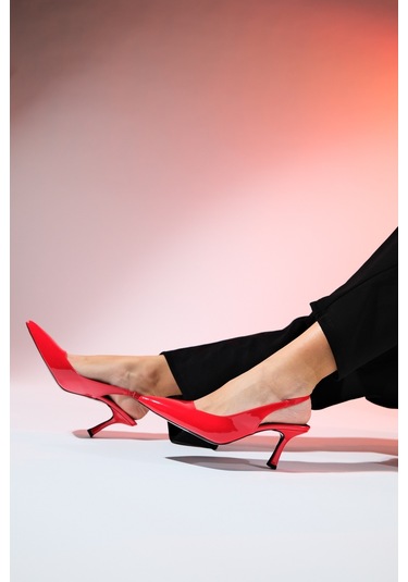 Luvishoes Flem Kırmızı Rugan Kadın Sivri Burun Arkası Açık İnce Topuklu Ayakkabı Kırmızı Rugan