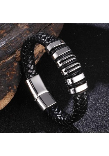 Dokuma Deri İp Sarma Özel Stil Klasik Paslanmaz Çelik Erkek Deri Bileklik Yeni Tasarım Dekorasyon Bb1082 Siyah