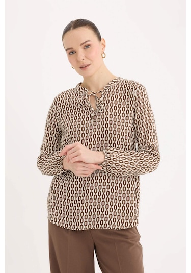 DeFacto Regular Fit Bağcıklı Yaka Desenli Uzun Kollu Bluz N1809AZ25SPER105