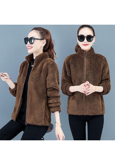 Kahverengi Çift Taraflı Polar Ceket Kadın Kısa Büyük Boy Mercan Kadife Sonbahar Ve Kış Kalınlaşmış Sıcak Polar Ceket Kadın Kazak Kahverengi