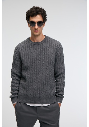 Grımelange Vıntlace Erkek Yuvarlak Yaka Saç Örgü Desenli Regular Fit Triko Antrasit Kazak Antrasit