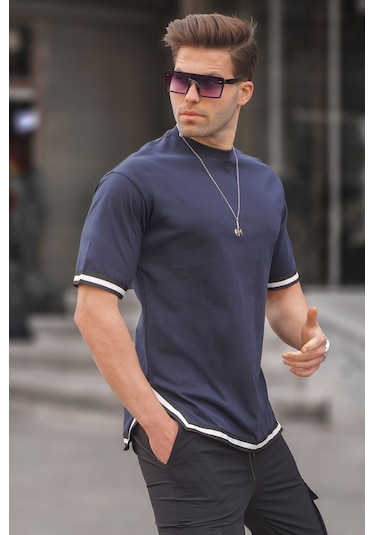 Madmext Lacivert Bisiklet Yaka Şeritli Tişört 6097-lacivert Lacivert