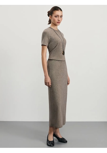 Zarına Melanjö Kumaştan Yırtmaç Detaylı Maxi Örgü Etek 465544114 Bej