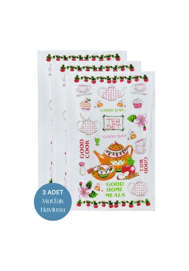 3lü Paket Baskılı Beyaz Mutfak Havlusu Modeli Good Day