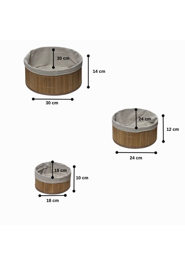 3'lü Bambu Yuvarlak Sepet - Çok Amaçlı Saklama Kutusu Bej