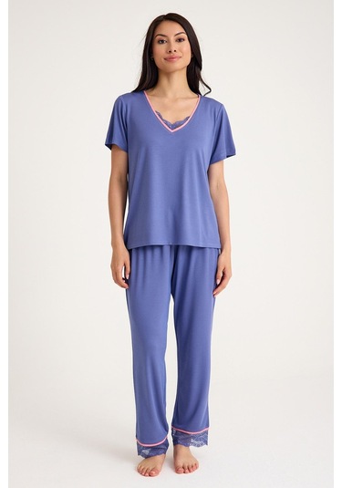 Dream Gri Mavi Viskon V Yaka Dantel Detaylı Pijama Takımı Mavi