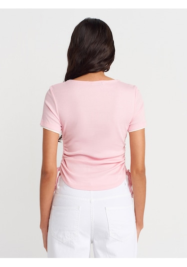 Dilvin 31816 Çift Katlı Büzgülü T-shirt-toz Pembe Toz Pembe