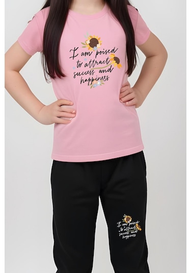 I Am Poised Baskılı Kız Çocuk Tişört Ve Eşofman Alt-üst Takım Açık Pembe