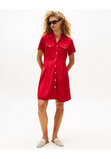 Tommy Hilfiger Kadın Viskon Twill Kısa Kollu Kloş Mini Kırmızı Elbise Ww0ww45819xld Kırmızı