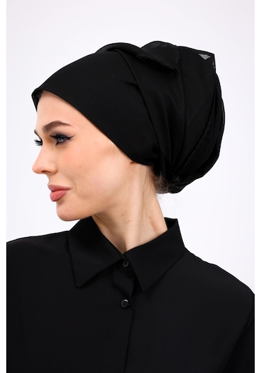 İç Başörtüsü %100 Pamuklu Siyah Tülbent - Kenarları Oyalı 90x90 Cm Kadın Tesettür Yazma Başörtü Siyah