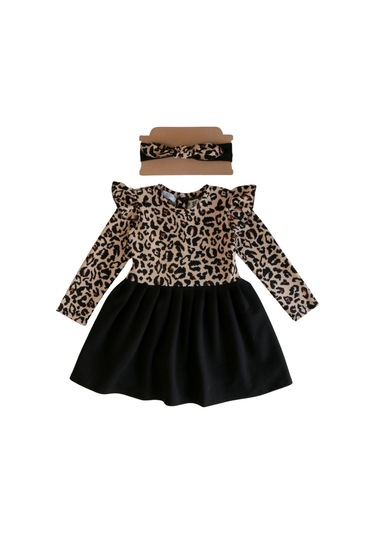 Kız Çocuk Leopar Desenli Uzun Kollu Fırfırlı Elbise Bandana Takım Elb-0059 Siyah