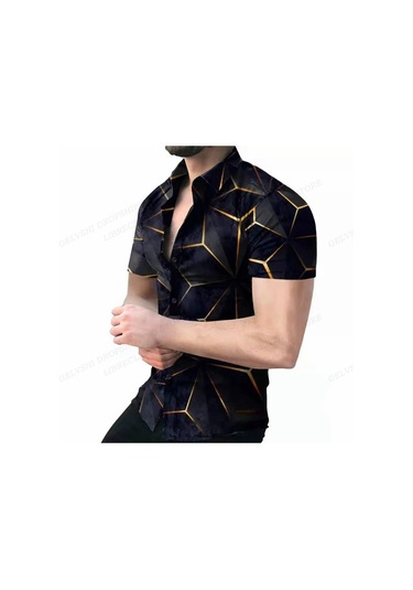 Snapbuy Erkek Geometrik 3d Baskılı Plaj Gömleği Kısa Kollu Hawaii Stil Küba Camisabej Bej
