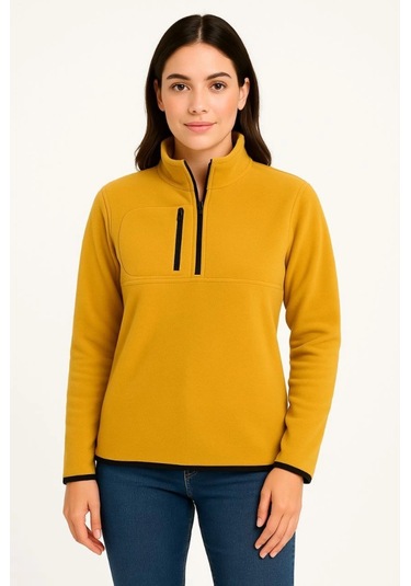 Polar Kazak Dik Yaka, Yarım Fermuarlı, Fermuarlı Göğüs Cepli, Siyah Biyeli, Kışlık Rahat Regular Fit Günlük Model - Sarı Sarı