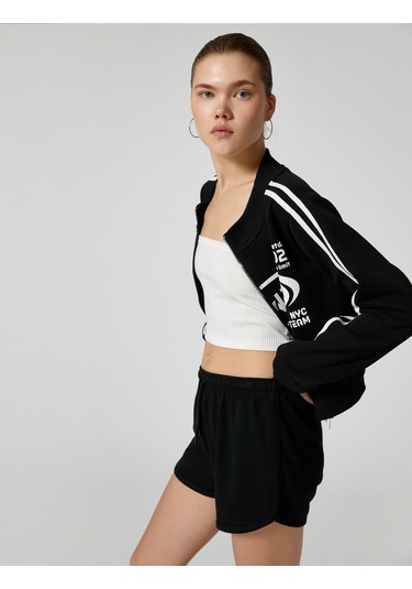 Koton Fermuarlı Sweatshirt Crop Dik Yaka Çizgili Baskılı Siyah 4sal10510ık Siyah