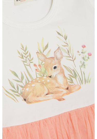 Breeze Kız Çocuk Uzun Kollu Elbise Çiçek Desenli Sevimli Ceylancık Baskılı 1.5-5 Yaş, Ekru-ekru Ekru