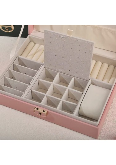 Mdl10- Pembe Takı Kutusu Kilitli Deri Görünümlü Takı Düzenleyici