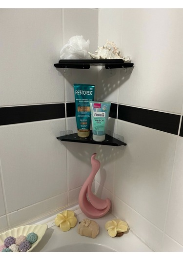 Kitaro Kendinden Yapışkanlı Köşe Şampuanlık Setsiz Mat Siyah İki Katlı Siyah