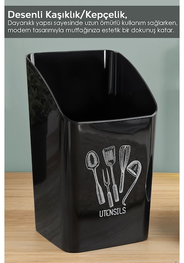 Tezgah Üstü Kaşıklık - Mutfak Organizer Düzenleyici Kepçelik Kaşık Bıçak Standı Siyah Beyaz - Siyah