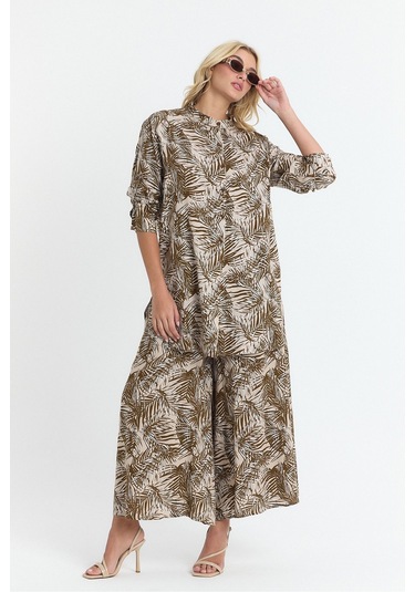 Schık Kadın Viskon Rahat Bol Paça Truvakar Kol Önü Düğmeli Baskılı Takım Kahverengi