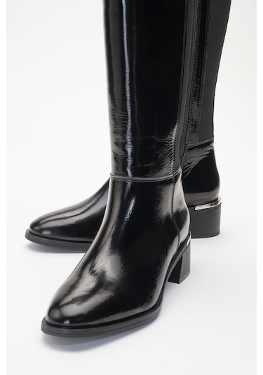 Rochos Siyah Rugan Streç Detaylı Hakiki Deri Kadın Çizme SİYAH RGN