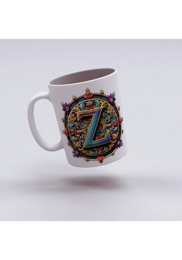 Z Harfi Boho Bardak, Renkli Özel Tasarım Hediyelik Harfli Kupa, 330ml Porselen Beyaz