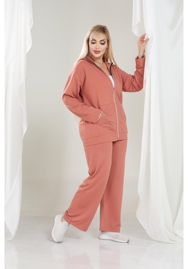 Kadın Büyük Beden Fermuarlı Uzun Kollu Rahat Günlük Eşofman Takım Somon