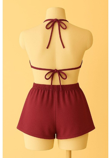 Modadua Kadın Bordo Şortlu Belden Ve Boyundan Bağlamalı Bikini Takımı