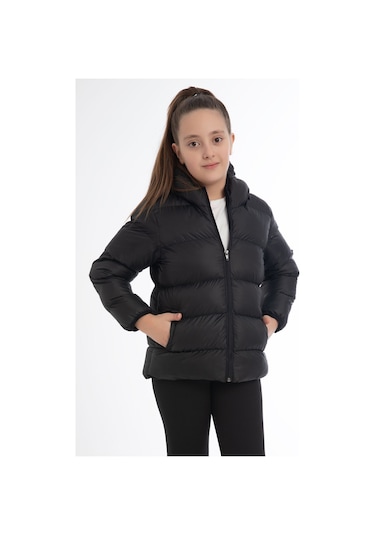 Kız Çocuk Içi Polarlı Kürklü Kapüşonlu Su Geçirmez Rüzgara Dayanıklı Cepli Şişme Kışlık Mont Siyah