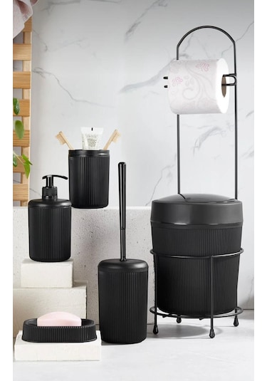 6 Parça Banyo Seti Çöp Kovalı Tuvalet Kağıtlığı-tuvalet Fırçası-sıvı Ve Katı Sabunluk-diş Fırçalık Siyah