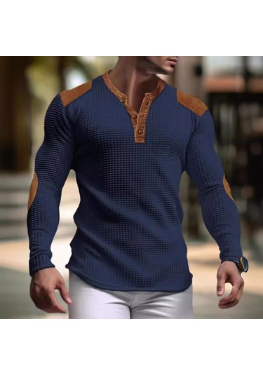 3d Nefes Alabilir Erkek Günlük Sweatshirt Sonbahar V Yaka Düğmeli Üst Moda Erkek Tişörtü Lacivert