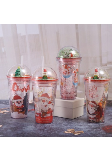 500ml Noel Baba Karikatür Taşınabilir Plastik Kupa Çift Mikro Peyzaj Suyu Kupası Style 2 , Size:with Straw Style 2 Siyah