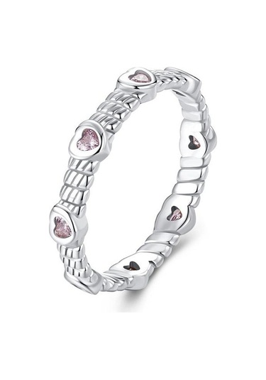 Fastbuy 925 Ayarlı Platin Kalp Sıkma Desen Zirkon Yüzük No.7 Çok Renkli Çok Renkli