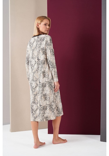 Pjs 26024 Kadın Patlı Dantel Detaylı Desenli Uzun Kol Gecelik Desenli