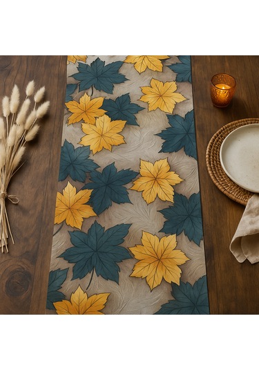 Bohem Sonbahar Desenli Duck Kumaş Masa Runner 40 140 Cm Yaprak Temalı Şık Sofra Aksesuarı Sarı